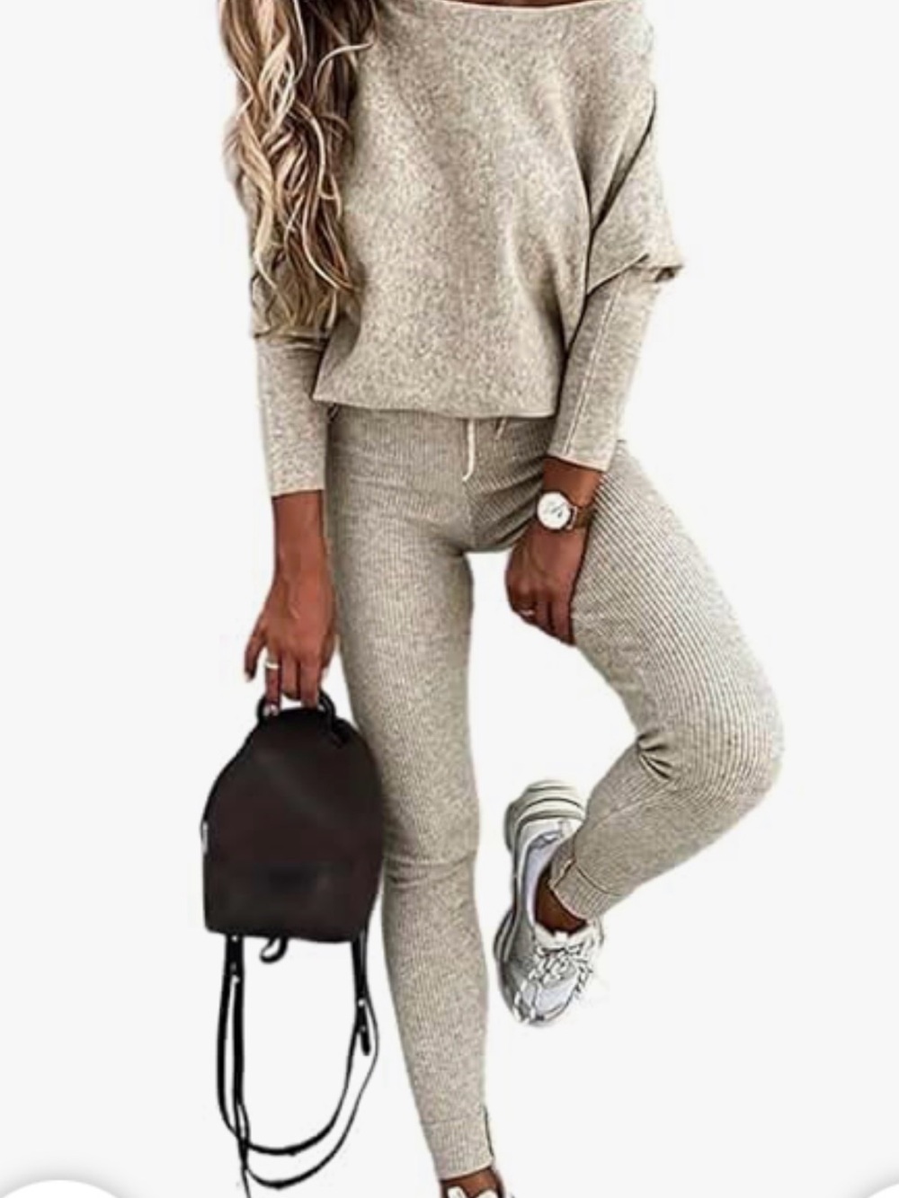 Ribbed Knit Two-Piece Legging Set - Light Taupe